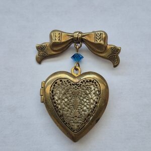 Vintage Brass Heart Locket Brooch with Blue Glass Bead
